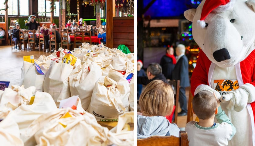 Po lewej: Paczki Dobrych Relacji, po prawej: maskotka wrocławskiego zoo wręczająca paczki dzieciom