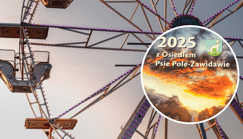 Kolaż dwóch zdjęć. W tle jedno ze zdjęć z osiedlowego kalendarza na rok 2025, w kółku fragment okładki z napisem 2025 z osiedlem Psie Pole - Zawidawie