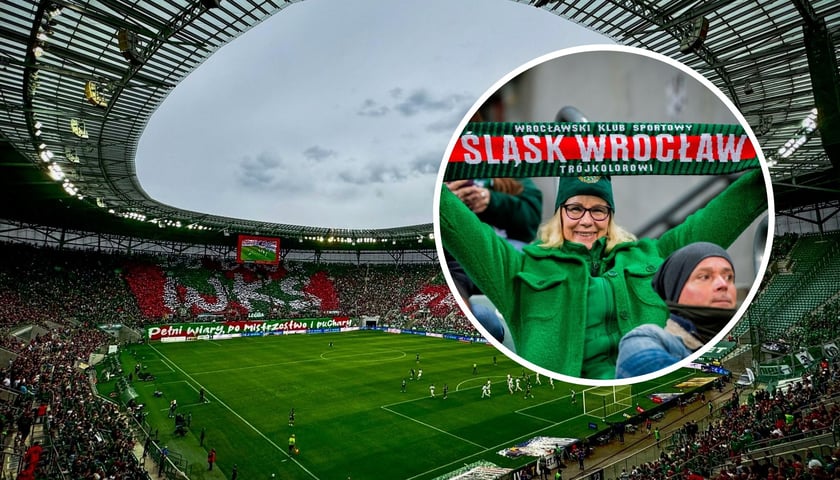 Wypełniony kibicami stadion Tarczyński Areny we Wrocławiu, w kołeczku kibicka WKS-u trzyma w górze szalik Śląska