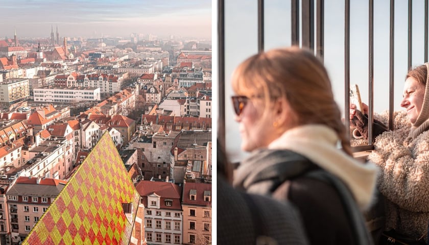 Z wizytą na tarasie wieży widokowej Kościoła Garnizonowego we Wrocławiu. Kolaż 2 zdjęć. Z lewej widok na panoramę Wrocławia, z prawej ludzie, którzy podziwiają panoramę miasta z tarasu widokowego wieży.