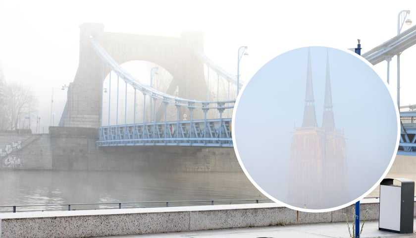 Wrocław we mgle - zdjęcia z poranka 29.12.2024 r. Most Grunwaldzki i wieże Katedry św. Jana Chrzciciela na Ostrowie Tumskim
