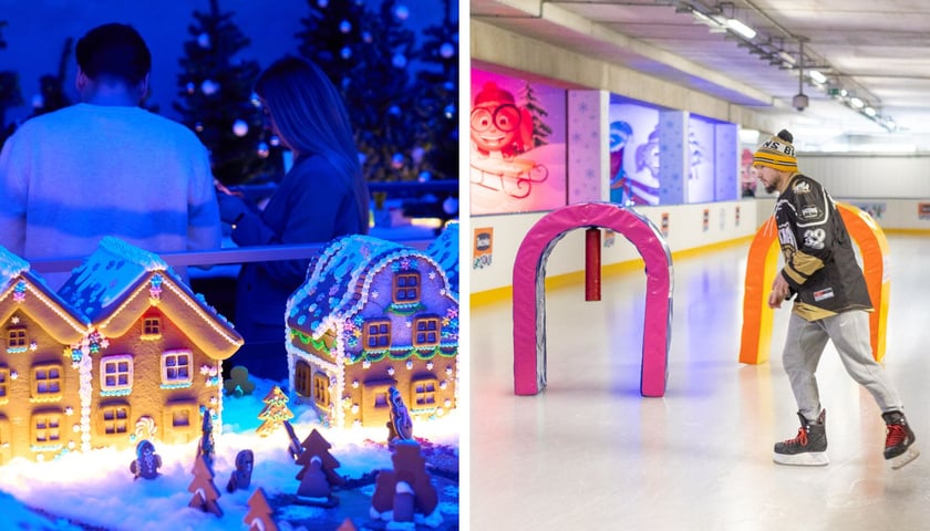 Po lewej: miasto z piernika w Kolejkowie, po prawej: mężczyzna na łyżwach