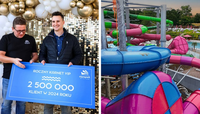 Po lewej: pan Tomasz z nagrodą, po prawej: zjeżdżalnie Aquaparku