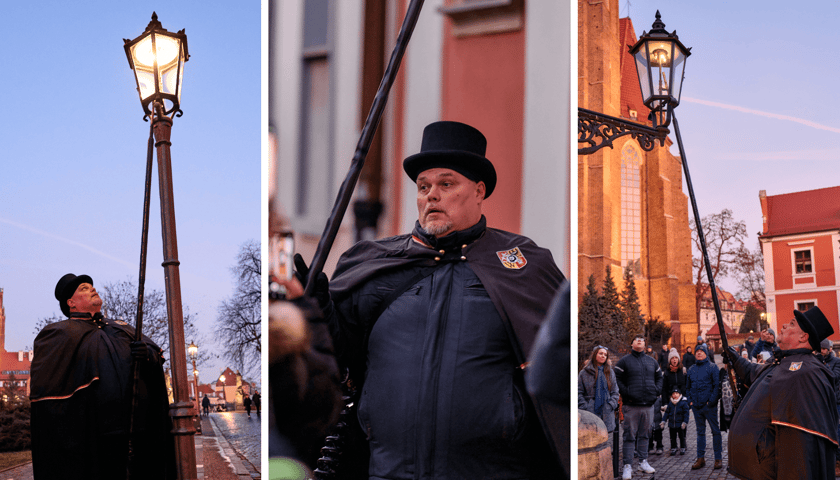 Robert Molendo, czyli wrocławski latarnik podczas zapalania latarni na Ostrowie Tumskim. Zestawienie 3 zdjęć