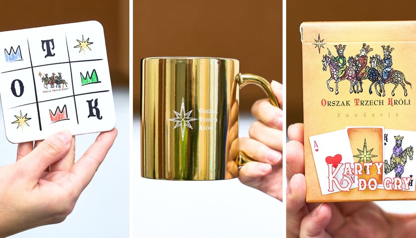 Na trzech zdjęciach przedmioty, jakie można wygrać w konkursie – z lewej podkładka pod kubek, złoty kubek i karty do gry