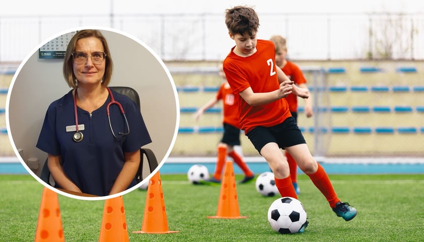 Lek. Anna Krzyszowska-Kamińska; w tle: chłopiec grający w piłkę