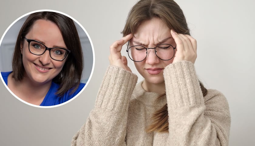 dr hab. n. med Marta Waliszewska-Prosół; w tle: kobieta z migreną (zdjęcie ilustracyjne)