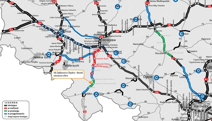 Mapka z trasą S8 Wrocław - Kłodzko