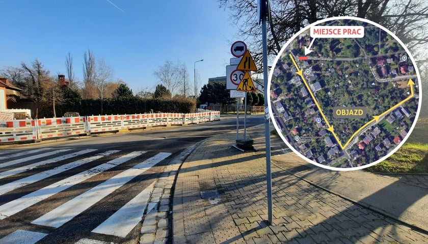 Rejon skrzyżowania ulic Wacława Gąsiorowskiego i Wincentego Pola na Karłowicach-Różance - tu będą prowadzone prace. W kołeczku mapa z objazdem