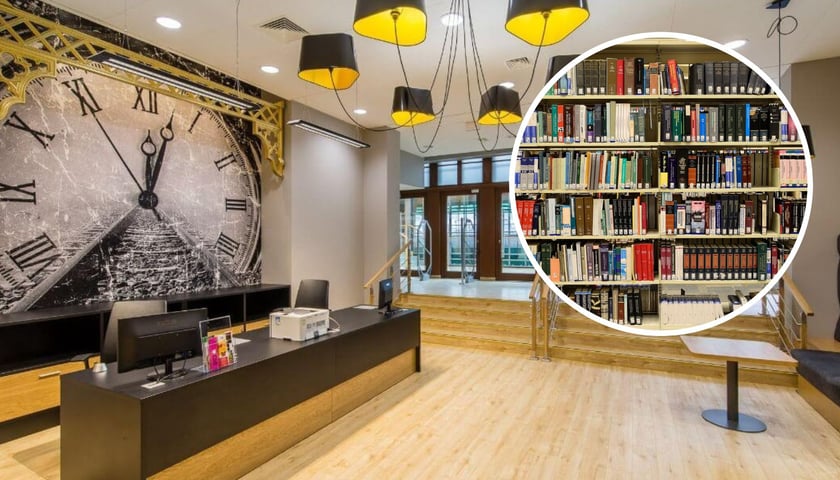 Filia nr 12 Miejskiej Biblioteki Publicznej we Wrocławiu, w kółeczku regał z książkami (zdjęcie ilustracyjne)
