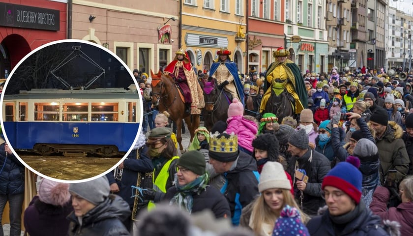 Na zdjęciu dużym Orszak Trzech Króli w Rynku, na małym zdjęciu jeden z zabytkowych tramwajów, które zawiozą wrocławian na przemarsz orszaku