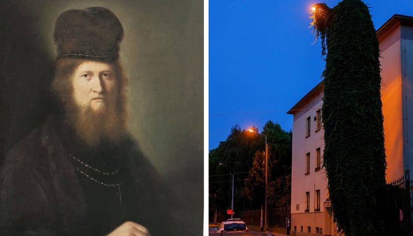 Z lewej obraz "Portret duchownego", z prawej słynna "latarnia grozy" z ulicy Sienkiewicza 