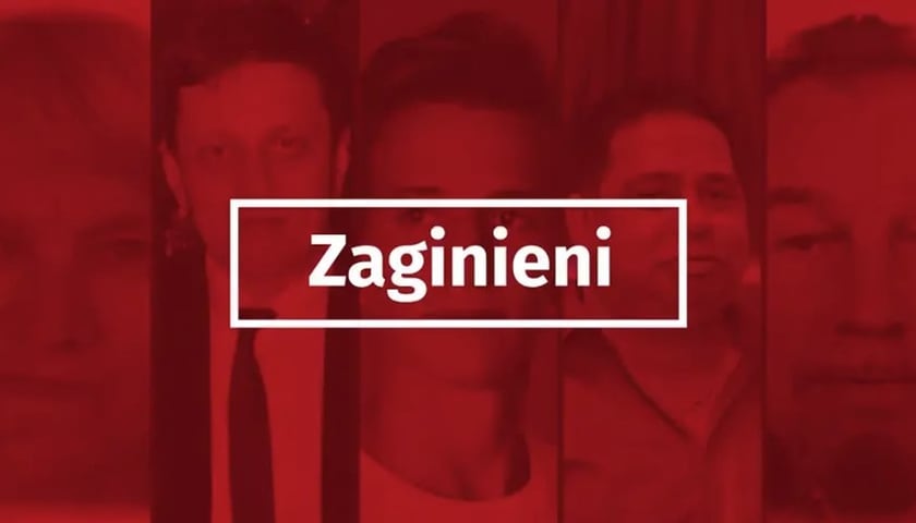 Z lewej czerwona plansza z napisem "zaginieni"