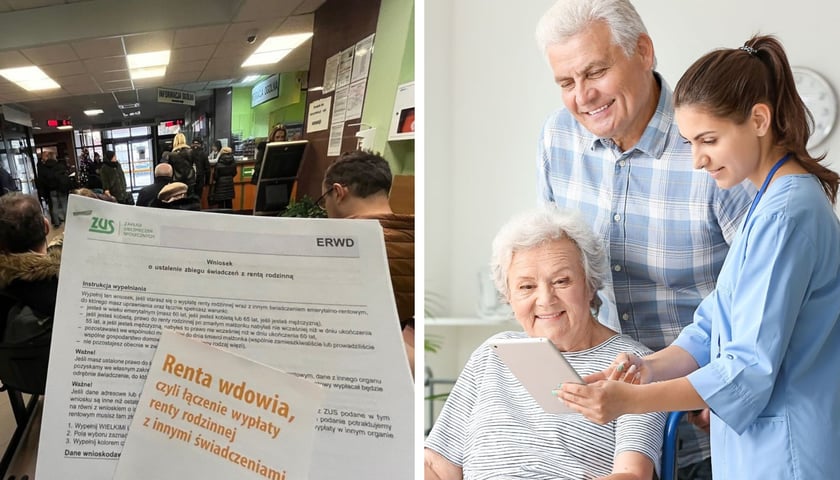 Kobiety i mężczyźni w oddziale ZUS, kobieta na wózku, obok starszy mężczyzna i młoda kobieta