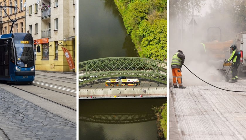 Zdjęcia z trzech wrocławskich inwestycji: nowe torowisko na ul. Szczytnickiej, wyremontowany most Zwierzyniecki i remont ul. Balonowej 