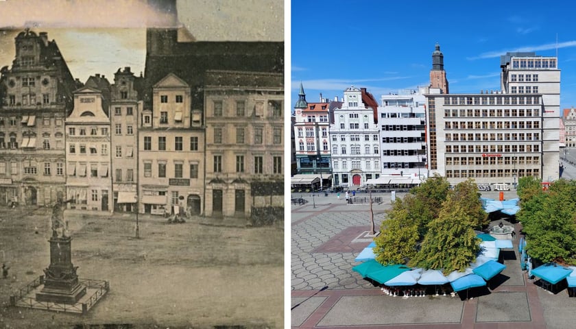 Zestawienie dwóch zdjęć placu Solnego: z wieku XIX i XXI