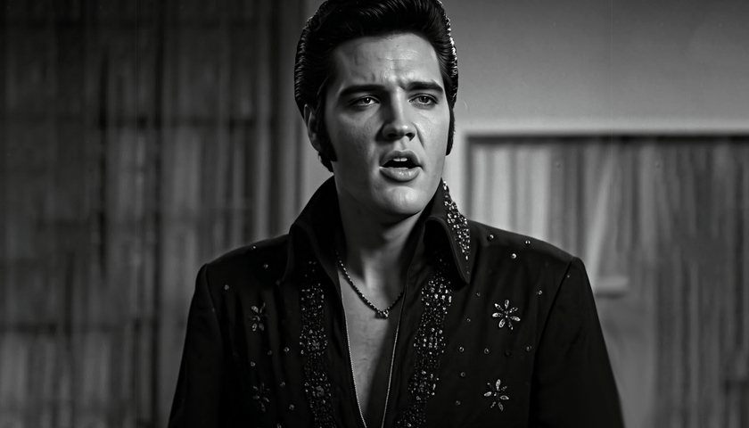 Elvis Presley w czarnym stroju z kołnierzem i cekinami układającymi się w kwiaty