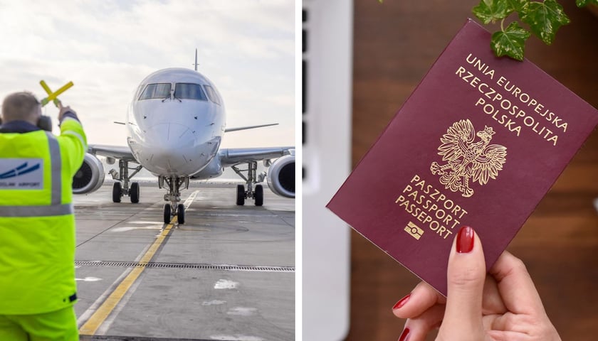 Samolot na pasie startowym, pracownik lotniska, paszport w dłoni, w tle widać komputer