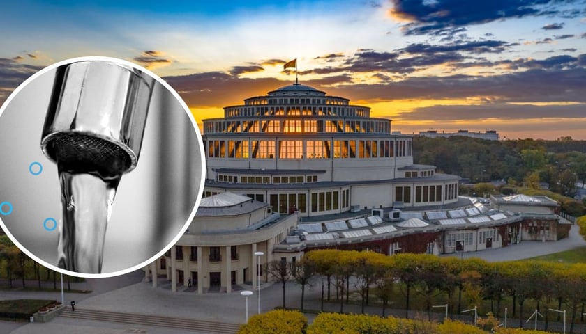 na dużym zdjęciu Hala Stulecia, na małym kran z lejącą się z niego wodą