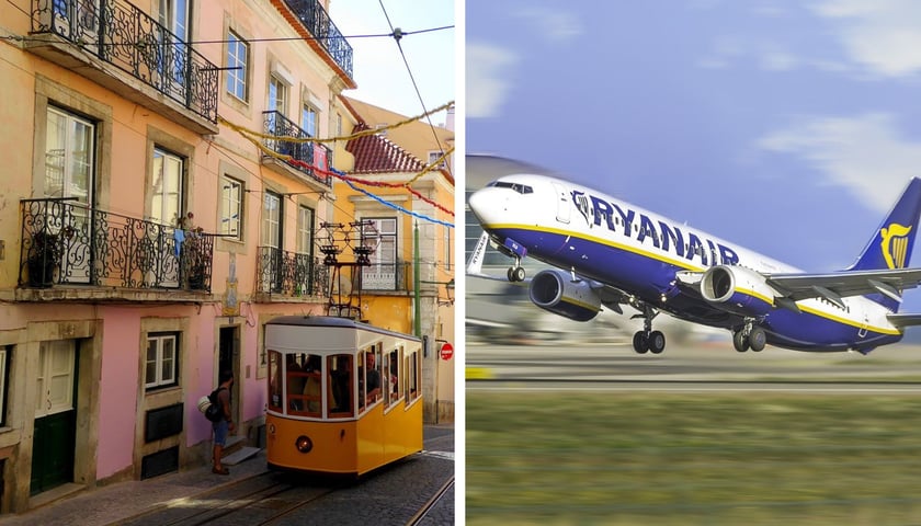 Po lewej: jeden z elevadorów jadący pod górę w Lizbonie, po prawej: startujący samolot linii Ryanair
