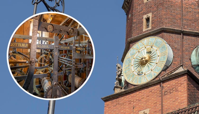 Zdjęcie przedstawia tarcze zegarową na wrocławskim ratuszu oraz mechanizm głównego zegara, który jest w środku. 