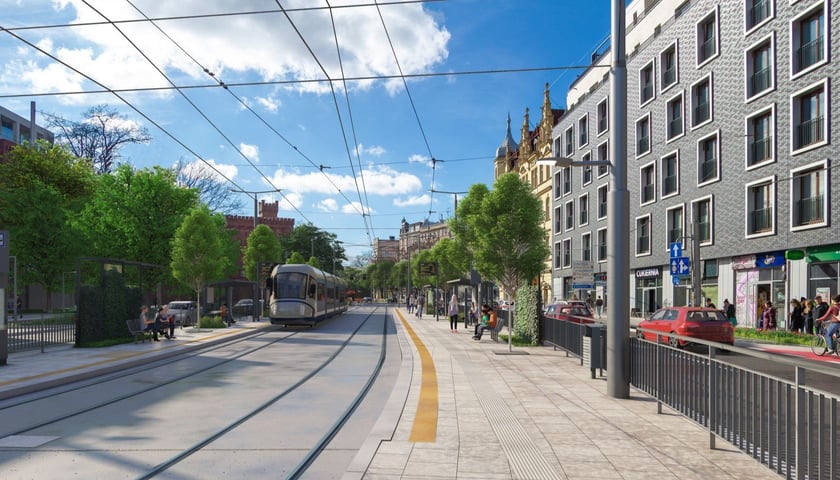 Wizualizacja przedstawia widok na przystanek autobusowo-tramwajowy na Drobnera przy skrzyżowaniu z Dubois 