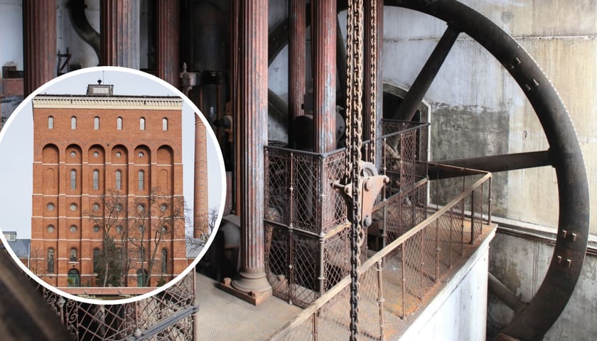 W tle - wnętrze wieży ciśnień - schody, łańcuchy, mechanizmy, wielkie koło, żeliwne kolumny. W kole - wieża ciśnień  przy ul. Na Grobli