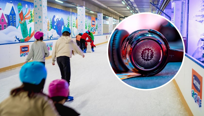 W tle: lodowisko Tarczyński Arena; w kółku: słuchawki do silent disco (zdjęcie ilustracyjne)