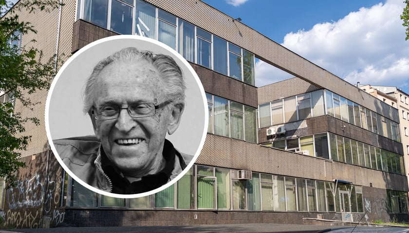 W owalu twarz starszego mężczyzny, w tle nowoczesny gmach - budynek ZETO