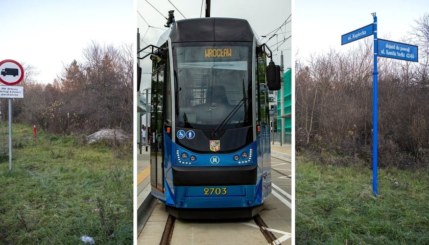 Kolaż zdjęć przedstawia miejsce, w którym może powstać nowa trasa tramwajowa oraz tramwaj MPK Wrocław  
