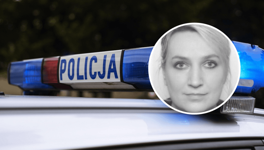 "Kogut" policyjny na radiowozie z napisem "policja" (zdjęcie główne). Na zdjęciu w kółku z prawej - zaginiona Marzena Kozioł-portret