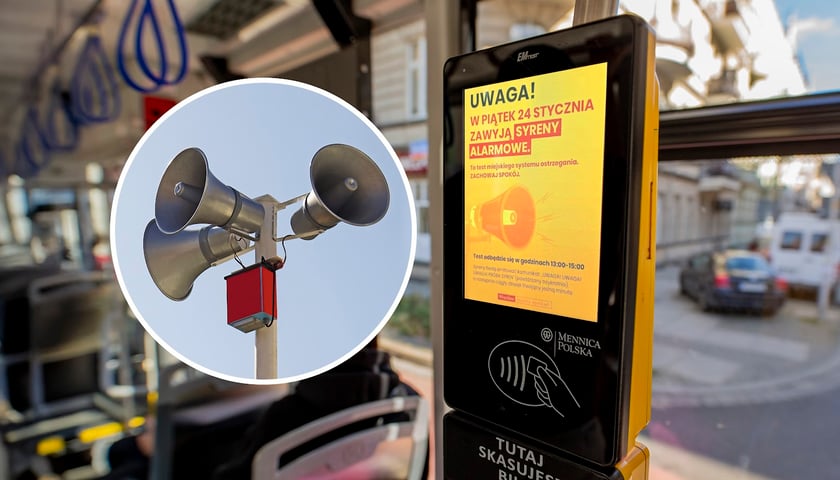 Na zdjęciu w kółeczku syreny a w tle wyświetlacz w autobusie MPK Wrocław z informacją o alarmie