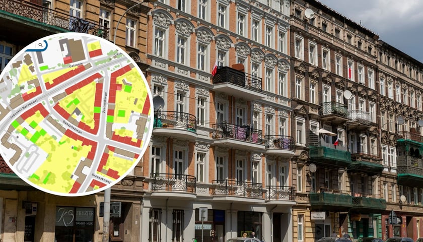 W tle zdjęcie kamienic przy ul. Jedności Narodowej we Wrocławiu. W kółku fragment mapy ZZK z tym obszarem.