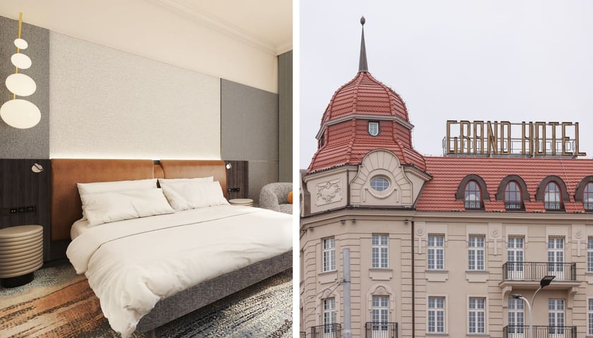Po lewej: wizualizacja pokoju w nowym Grandzie / po prawej: górna część budynku z pozorną wieżyczką i szyldem GRAND HOTEL