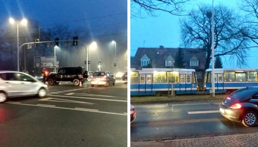 Samochody, tramwaj na skrzyżowaniu ul. Olszewskiego z Aleją Wielkiej Wyspy. Doszło tam do zderzenia.