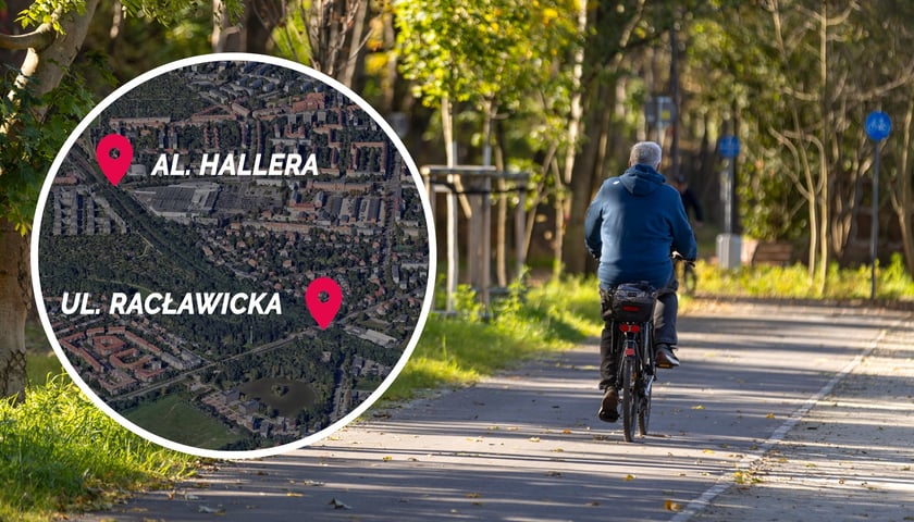 Rowerzysta jedzie wśród zieleni po jednym z odcinków Promenady Krzyckiej. W kółku z lewej widać mapę z fragmentem trasy, który dopiero powstanie. 