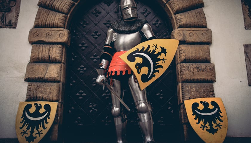 Mężczyzna w biało-szarej zbroi, stalowym i hełmie z mieczem i tarczą z żółto-czarnym godłem, z orłem w centralnej części
