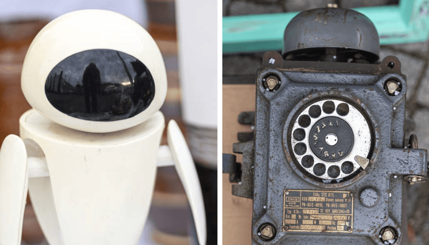 Kolaż 2 zdjęć z giełdy staroci pod Iglicą:  lewej robot Eve z bajki "Wall-e"