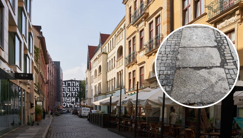 W tle ulica Włodkowica z widocznym chodnikiem wyłożonym granitowymi płytami. Zdjęcie ilustracyjne. W kółku - stare granitowe płyty chodnikowe z Nadodrza 