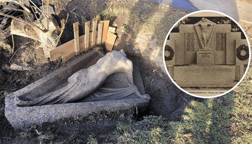 Odkopany fragment rzeźby przedstawiający męski tors, po prawej w kółku ta sama rzeźba w całości na archiwalnym zdjęciu