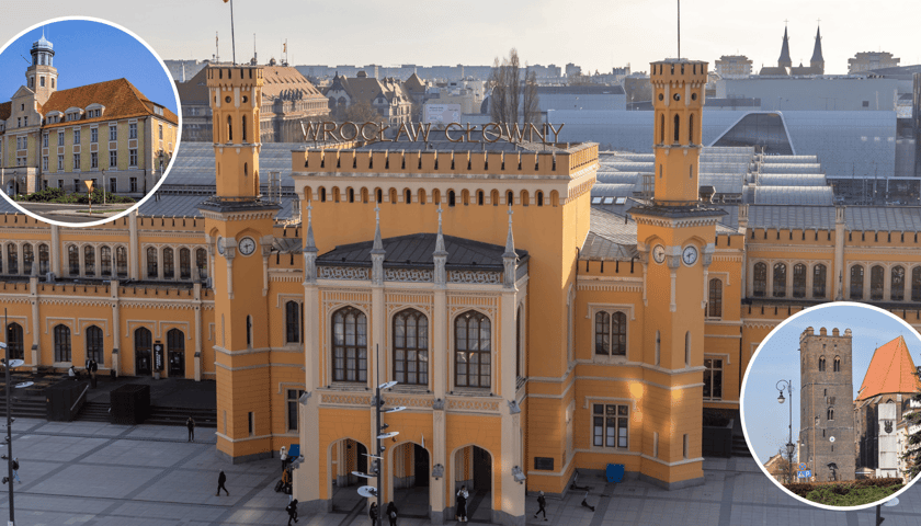 Dworzec Główny we Wrocławiu, po lewej w kółku zamek piastowski w Wołowie, po prawej wieża widokowa w Środzie Śląskiej