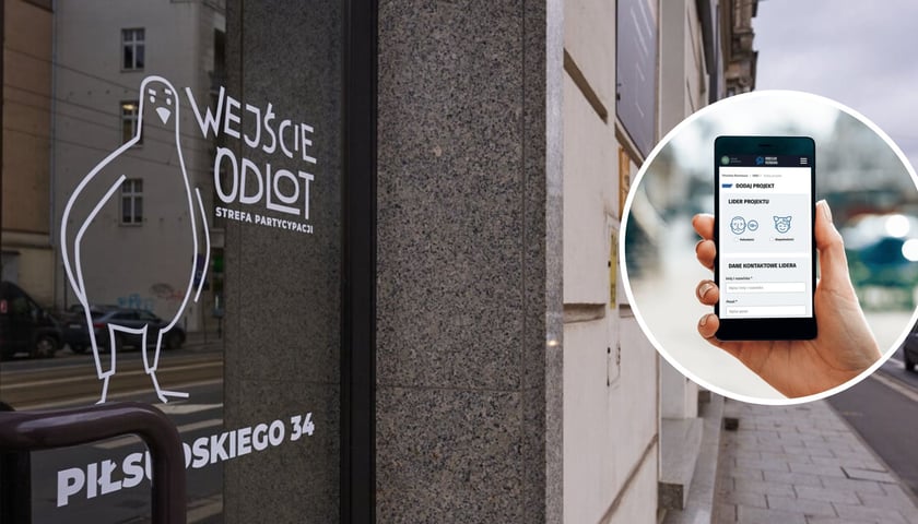 W tle: wejście do Odlotu przy ul. Piłsudskiego 34 we Wrocławiu. W kółku: smartfon z wyświetlonym formularzem WBO 