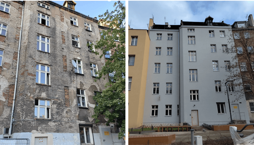 Elewacja podwórzowa w kamienicy nr 7 przy ul. Łukasińskiego - po lewej przed remontem, po prawej już po remoncie, w kolorze jasnoszarym