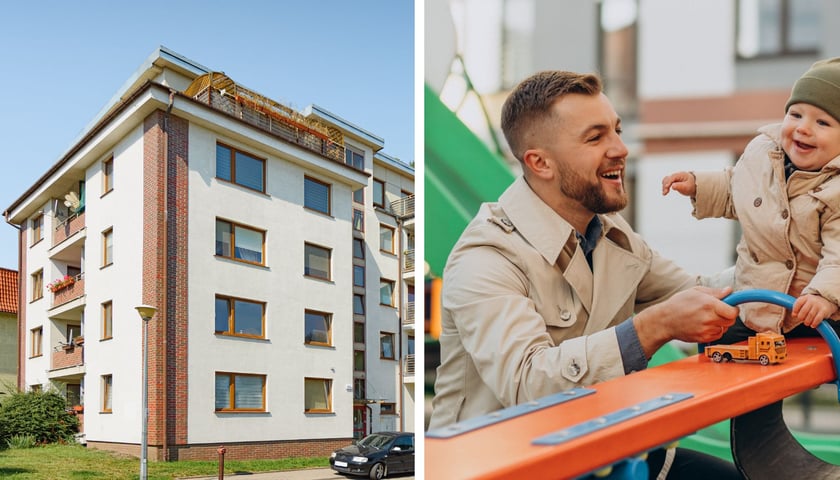 Budynek TBS Wrocław, mężczyzna i dziecko na placu zabaw