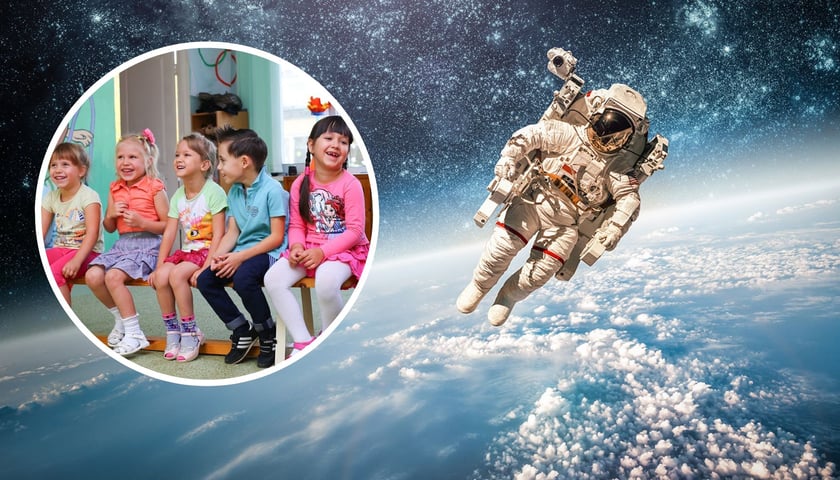W tle: astronauta, w kółku: dzieci (zdjęcia ilustracyjne)