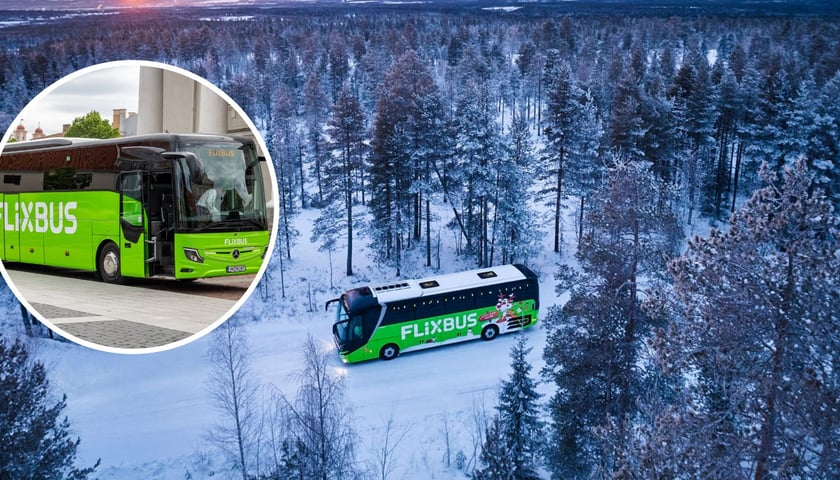 Na dużym zdjęciu autobus FlixBusa w krajobrazie zimowym, na małym zdjęciu zielony autobus FlixBusa