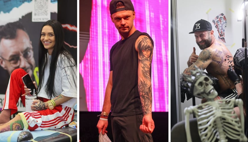 Kolaż trzech zdjęć z ludźmi, którzy pokazują swoje tatuaże podczas Wrocław Tatoo Show w Hali Stulecia