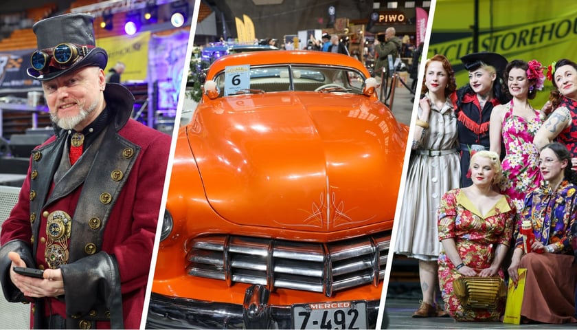 Kolaż trzech zdjęć z Kustomhead – stylowo ubrany mężczyzna, zabytkowe amerykańskie auto w pomarańczowym kolorze, pin-up girls