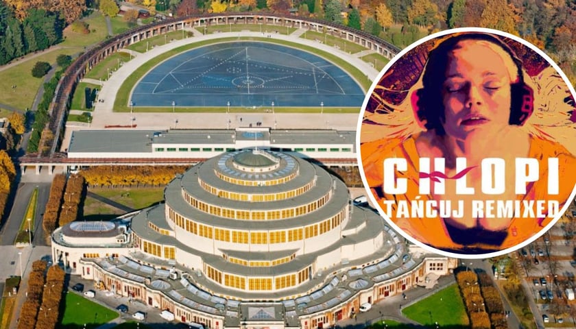 Na zdjęciu dużym Hala Stulecia z lotu ptaka, na małym zdjęciu fragment plakatu widowiska „Chłopi – Tańcuj Remixed”