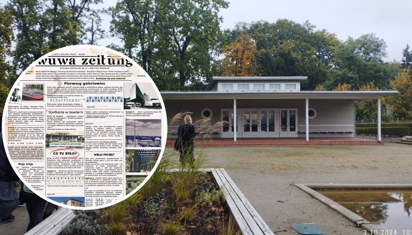 W tle jeden z budynków osiedla Wuwa. W kółku - fragment gazetki "Wuwa Zeitung" z grą terenową